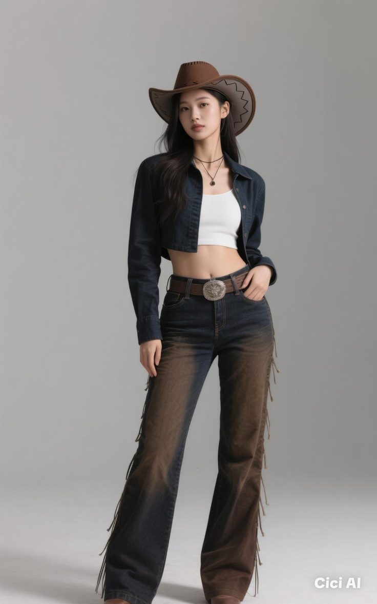 Woman in a cowboy hat, cropped denim jacket, and fringed jeans in a studio