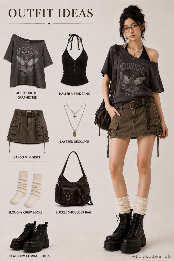 Woman in a dark academia inspired outfit with a cargo mini skirt and combat boots