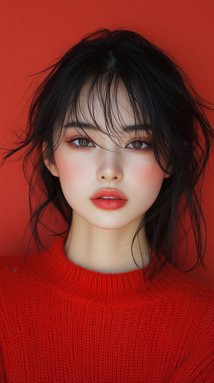 Woman with black hair and red sweater against a red background