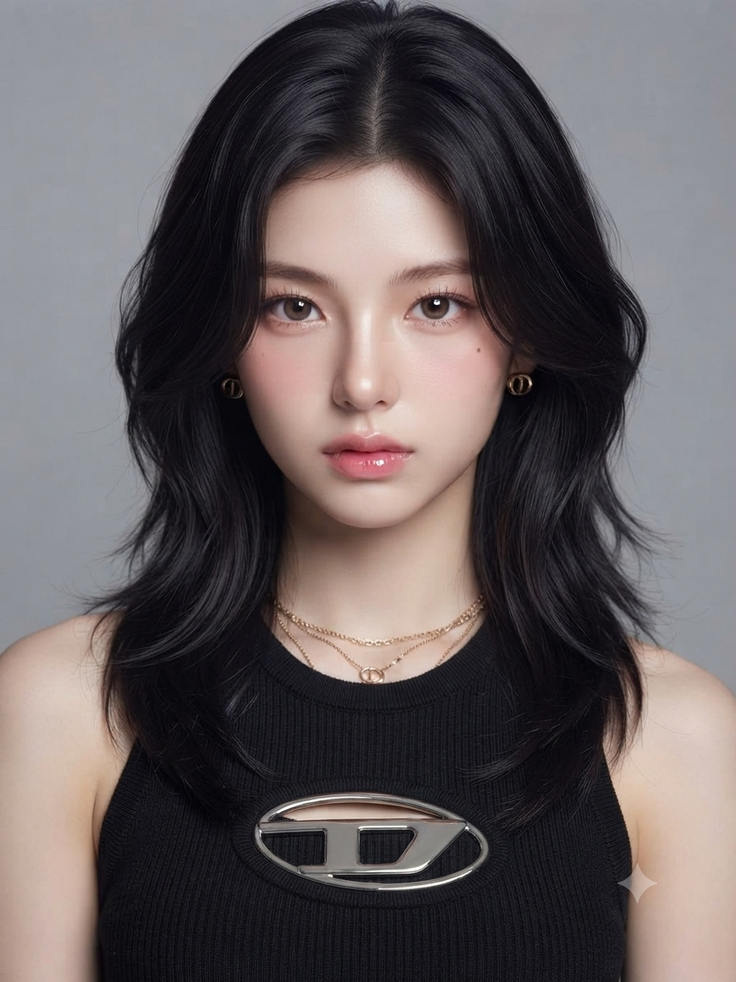 Woman with black layered hair wearing a black top and gold jewelry