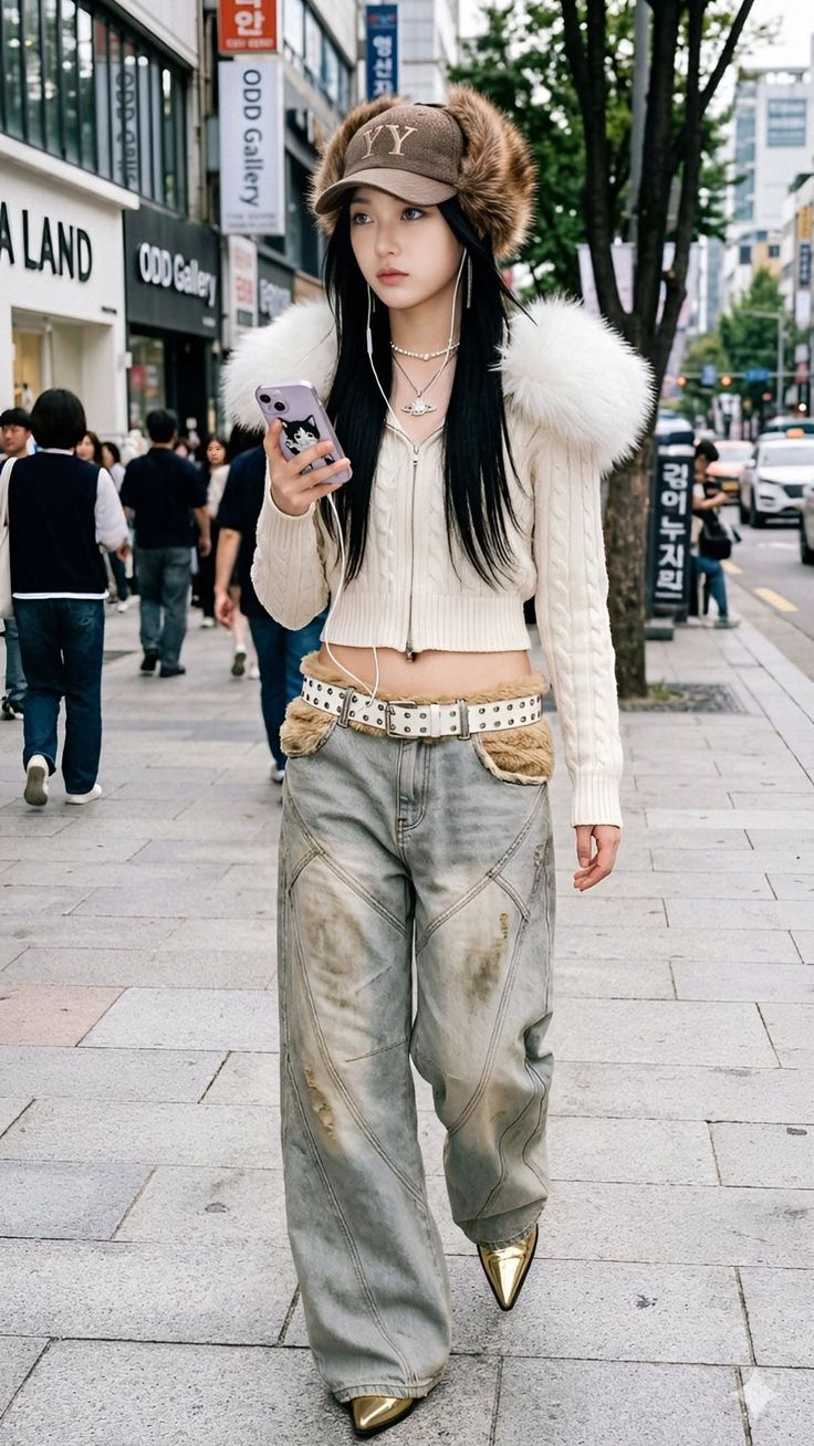 Woman in a furry hat and cropped cardigan with wide leg jeans on a city street