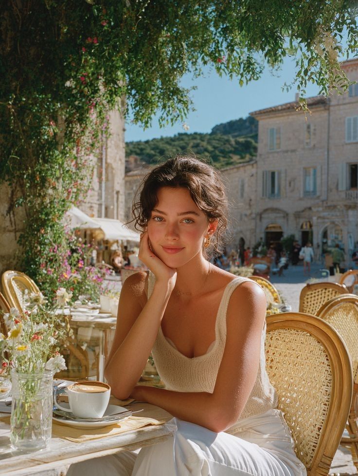 Woman with curly hair sitting at an outdoor cafe table