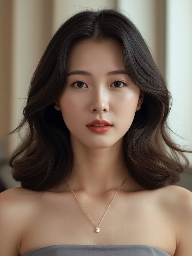 Woman with long dark hair and a gold necklace, looking directly at the viewer