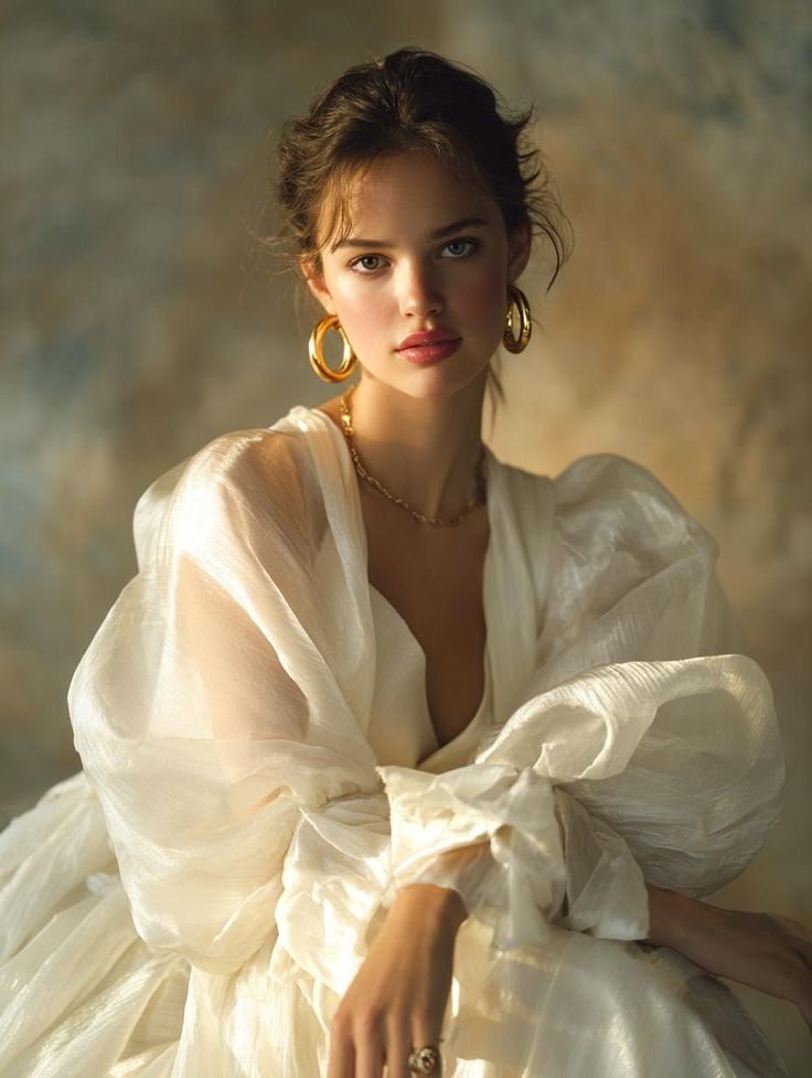 Woman in a white dress with gold jewelry and soft lighting