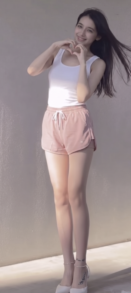 Woman in pink shorts and white tank top making a heart gesture with her hands