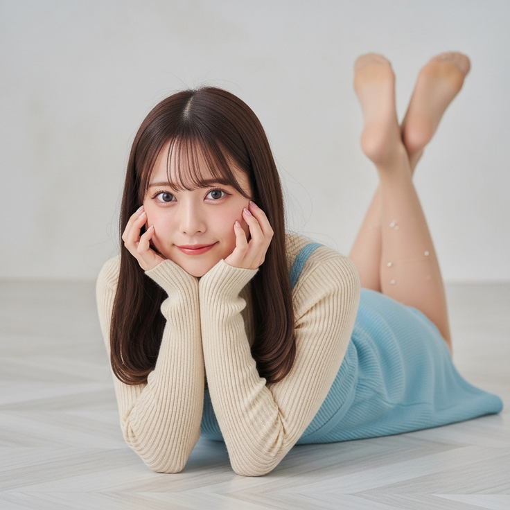 Woman with long hair wearing a light blue dress and beige sweater, lying on the floor