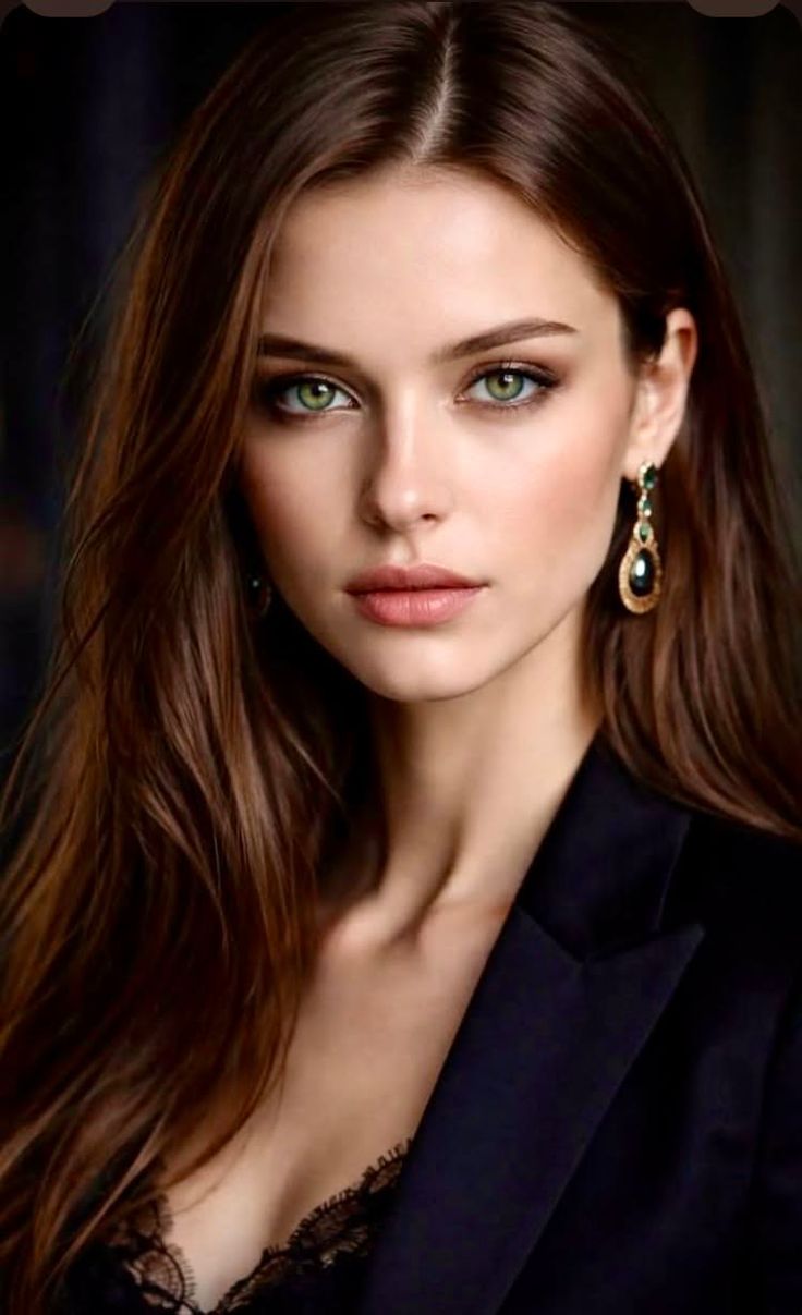 Woman with long brown hair and green eyes wearing a black blazer and lace top