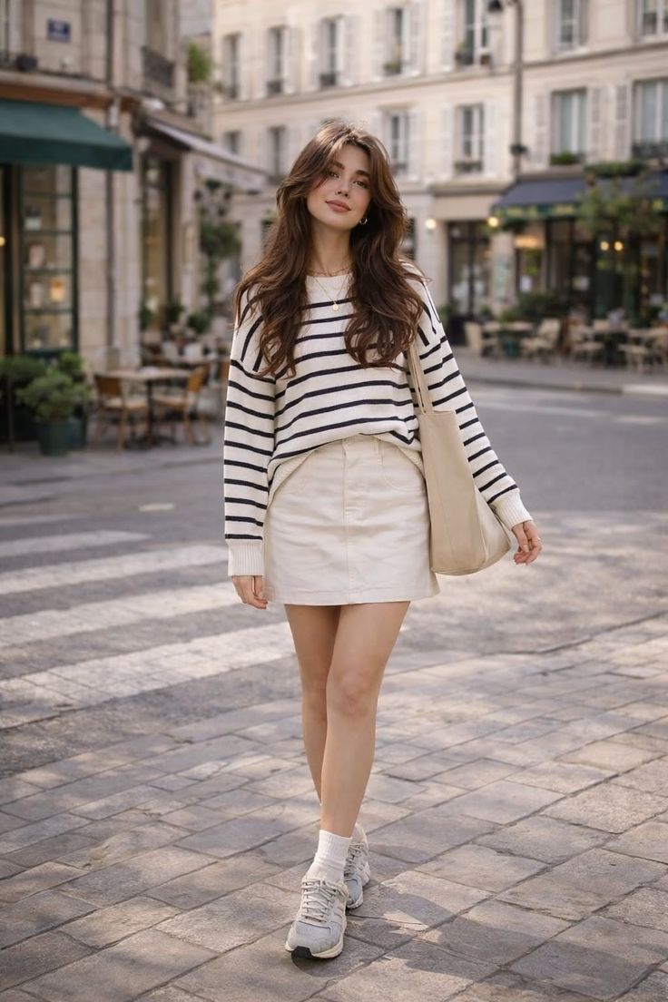 Woman with long brown hair in a striped sweater and mini skirt on a city street