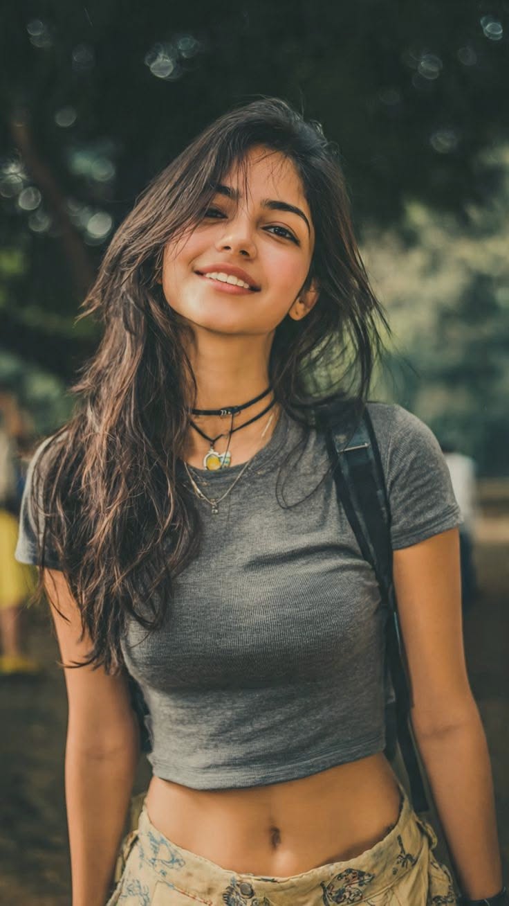 Smiling woman with long hair wearing a crop top and choker outdoors