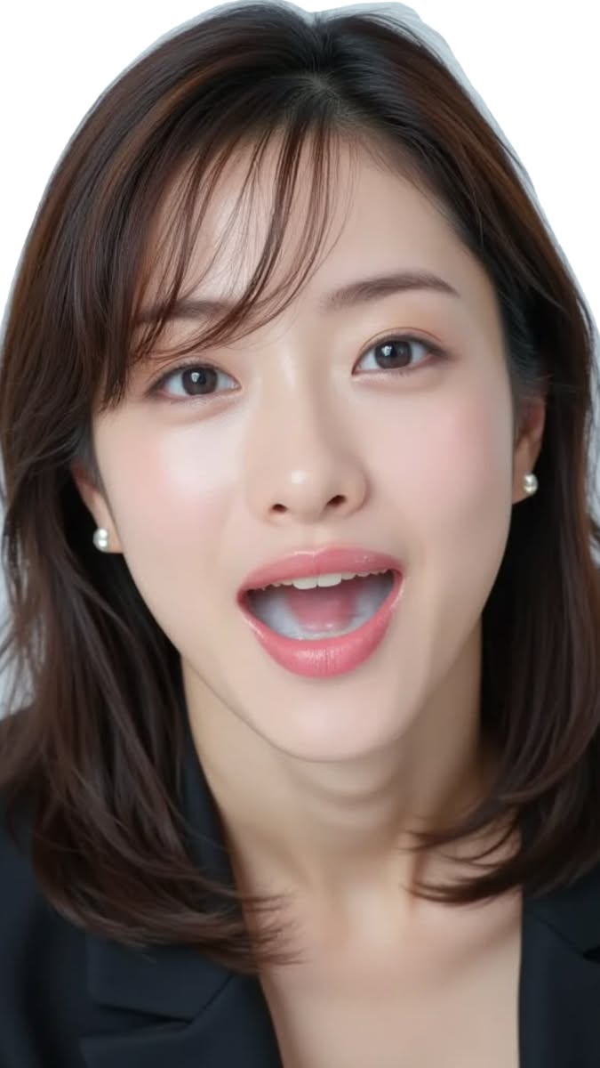 Woman with short hair and pearl earrings, mouth open with white liquid inside