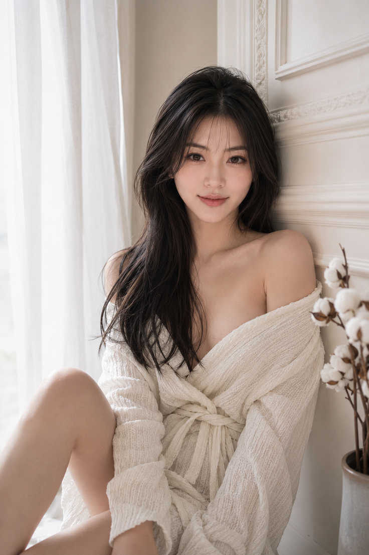 Woman with long dark hair wearing an off-shoulder white robe indoors