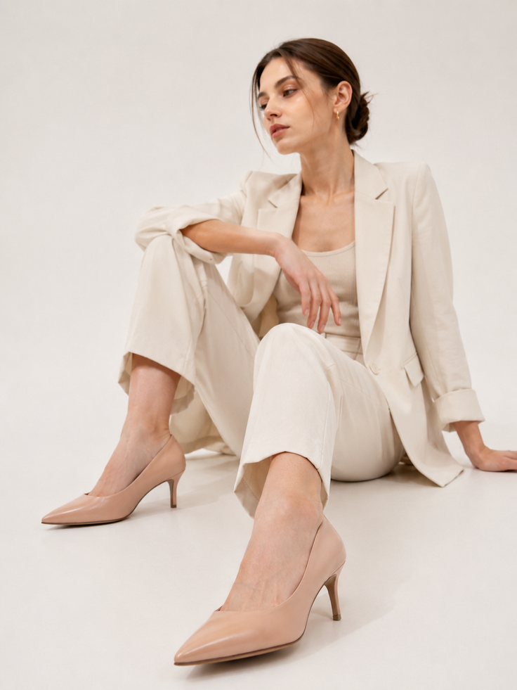 Woman in a light-colored suit and high heels sitting on a neutral background
