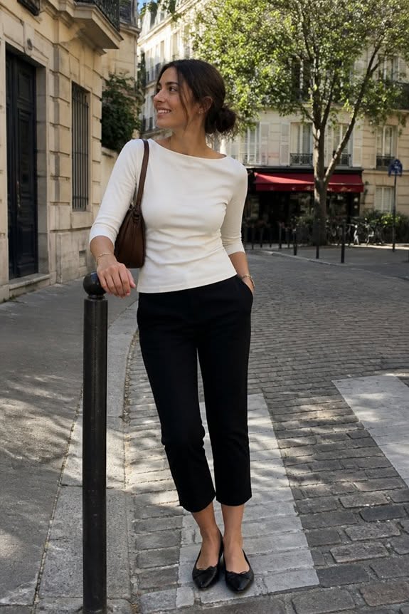 Woman in a white top and black pants standing on a cobblestone street