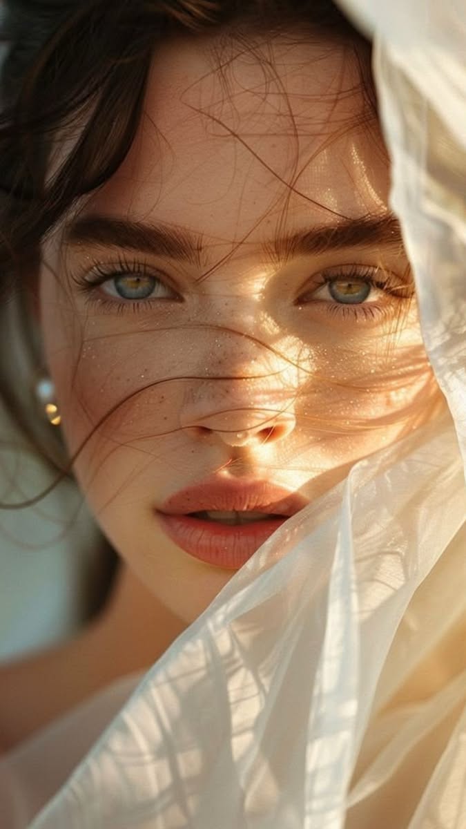 Close up portrait of a woman with blue eyes and freckles in golden hour light