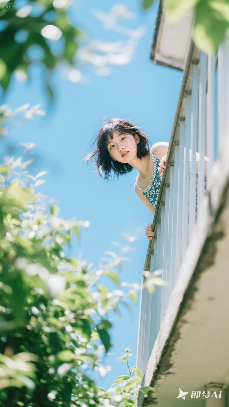 Woman with short hair in a floral top looking over a balcony on a sunny day