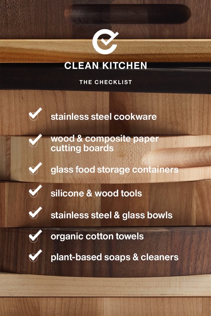 Clean kitchen checklist on a background of stacked wooden cutting boards