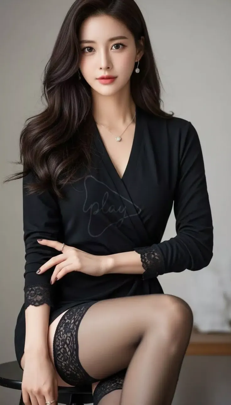 Woman in a black dress and thigh high stockings with lace trim