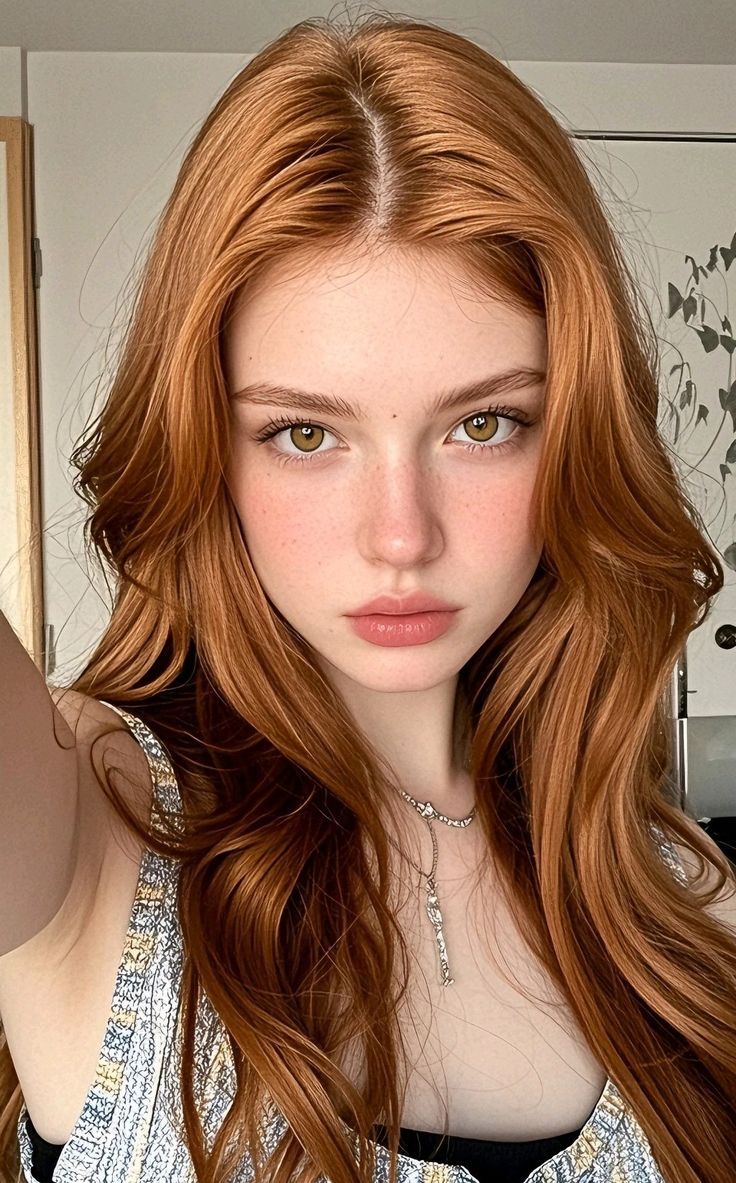 Woman with long red hair and green eyes, wearing a necklace