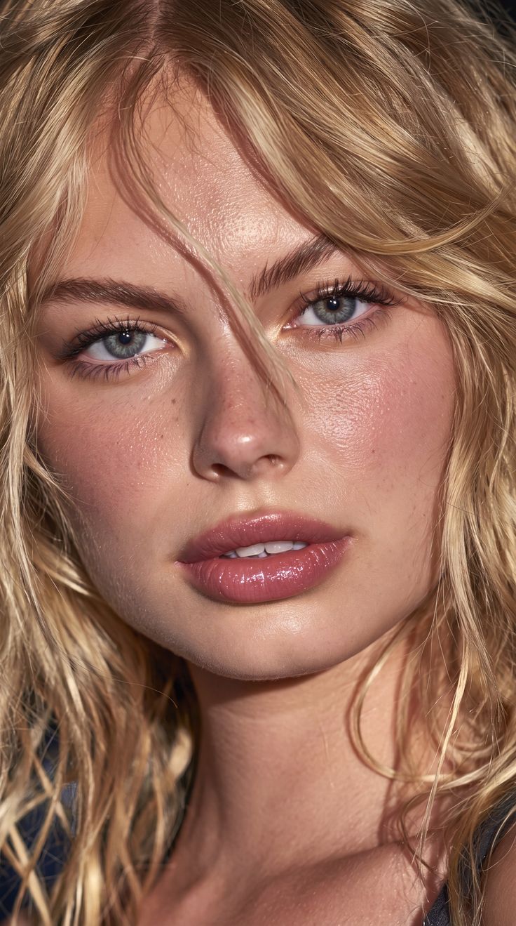 Close up portrait of a woman with blonde hair and blue eyes