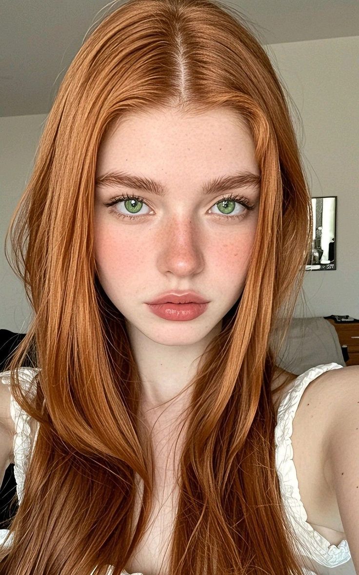 Woman with long red hair and green eyes, with freckles on her face