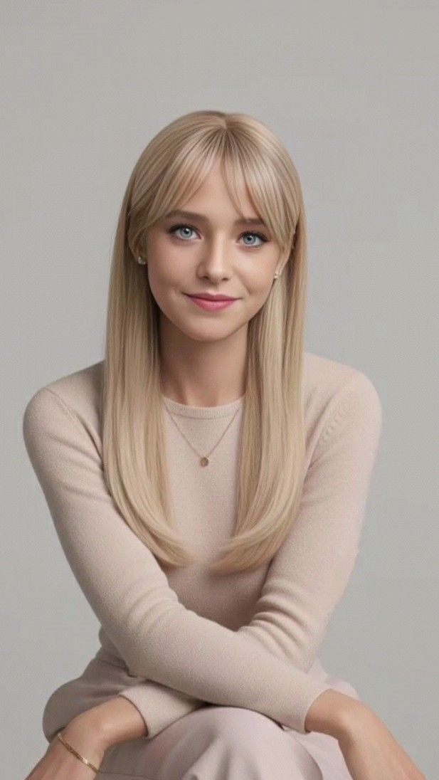 Woman with blonde hair and bangs wearing a light sweater and jewelry