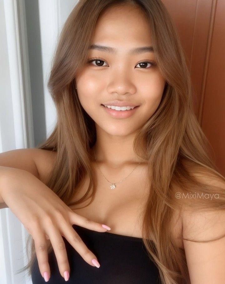 Young woman with long brown hair wearing a strapless top and necklace