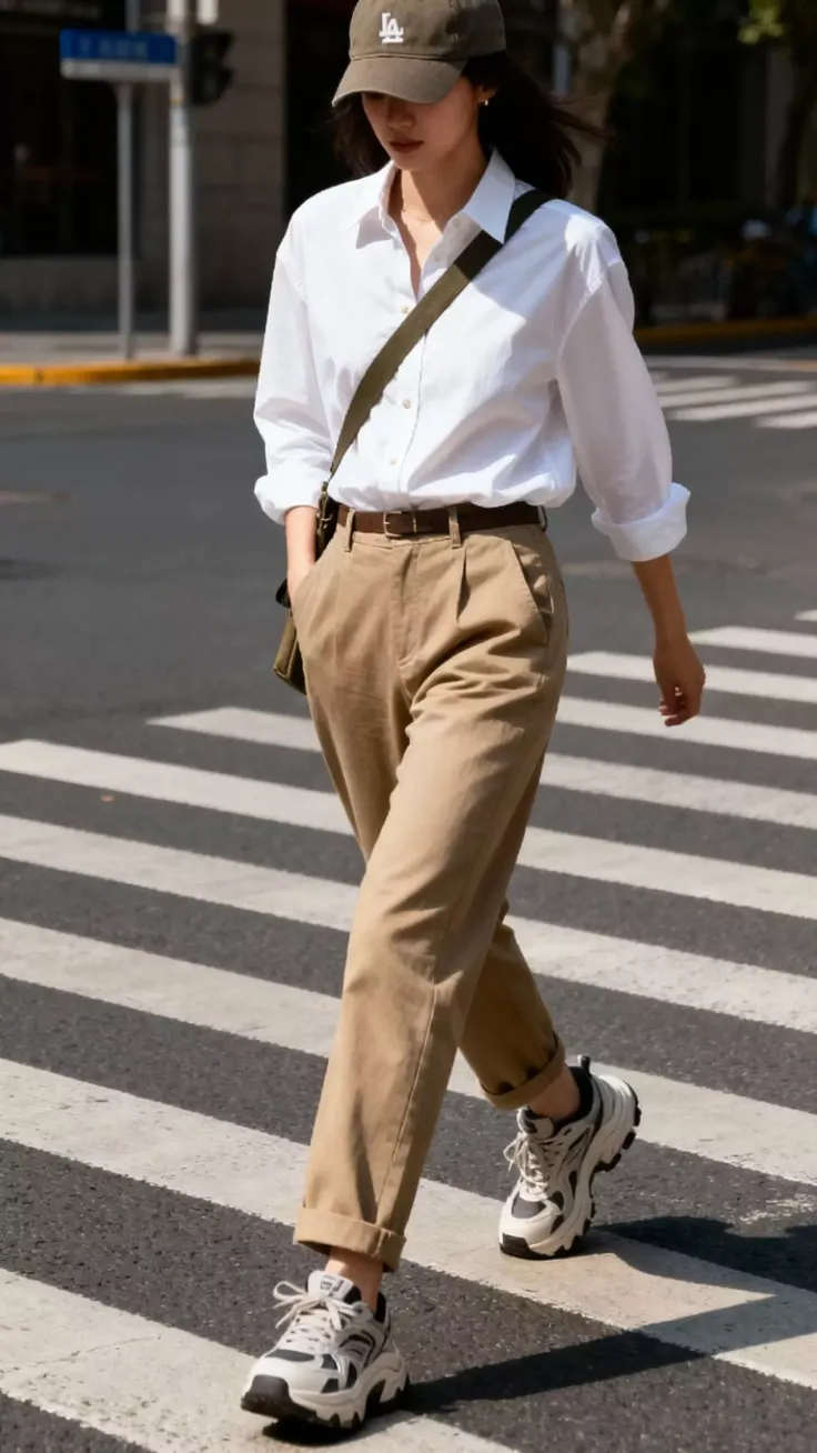 Woman in a white shirt and khaki pants crossing a street