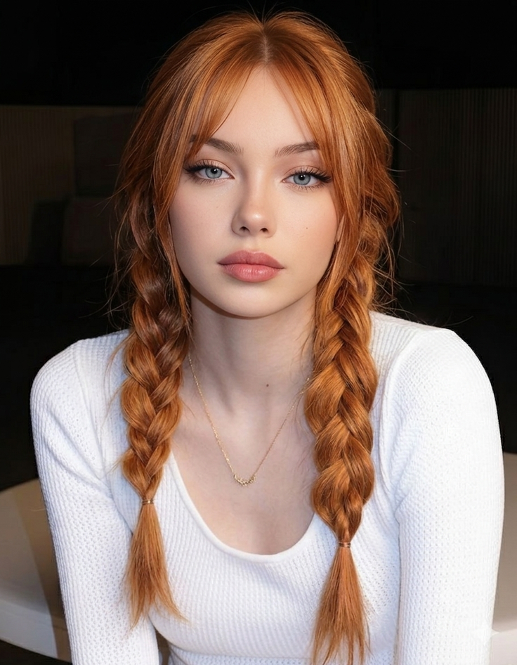 Woman with red braided hair and bangs wearing a white top and gold necklace