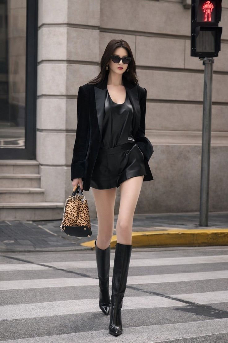 Woman in a black blazer and leather shorts crossing a street