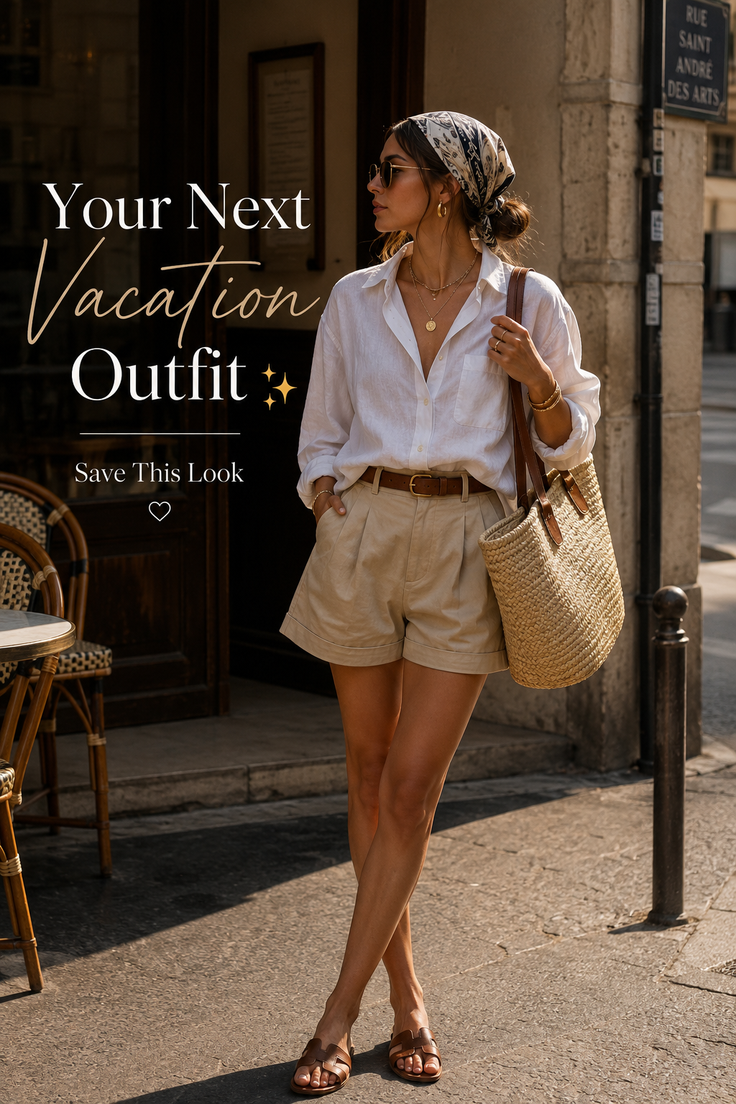 Woman in a white shirt and khaki shorts with a straw bag and bandana on a street