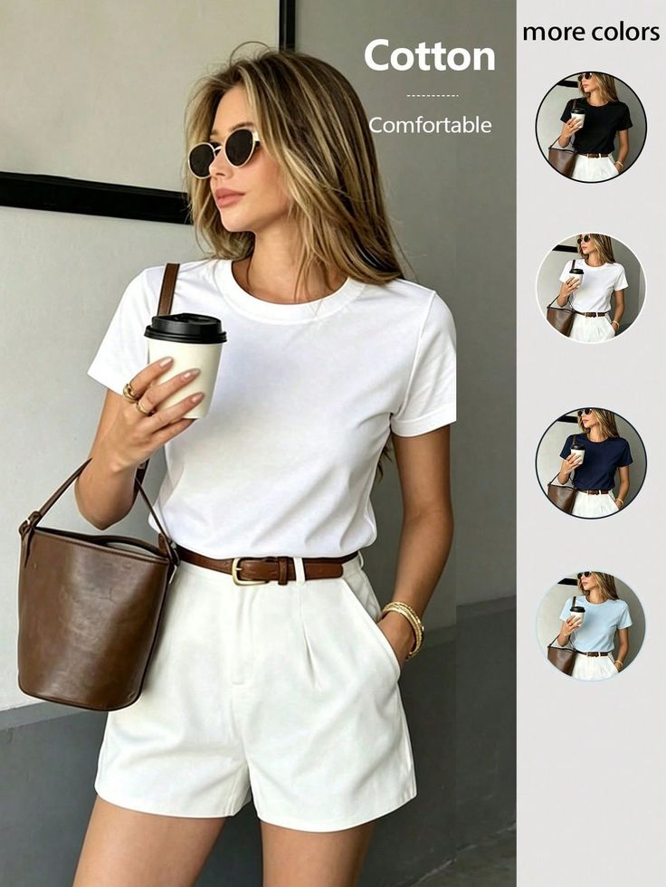 Woman in a white t-shirt and shorts holding a coffee cup