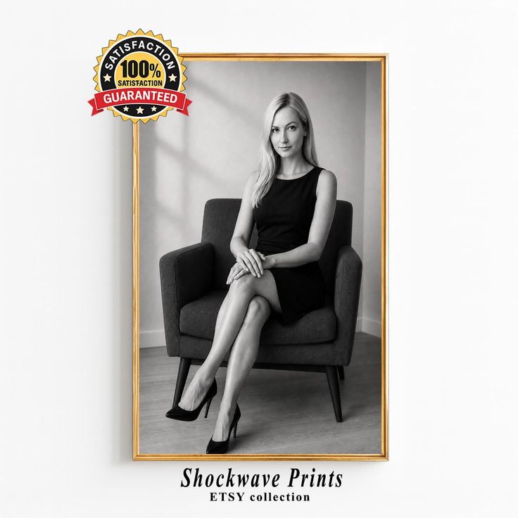 Woman in a black dress and high heels sitting in an armchair