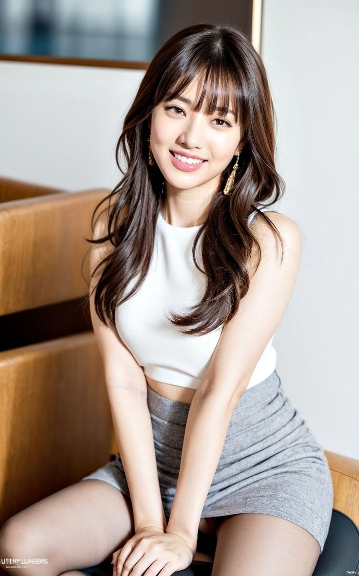 Woman with long brown hair wearing a white crop top and grey skirt, smiling indoors