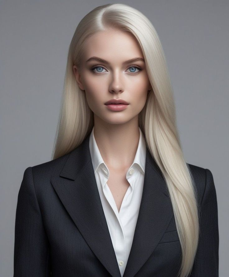 Woman with long blonde hair and blue eyes wearing a suit and white shirt