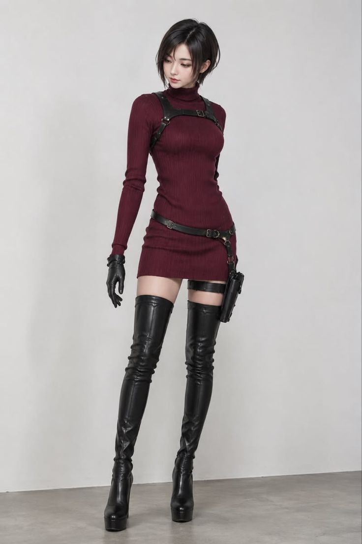 Woman in a red turtleneck dress with leather harness and thigh-high boots