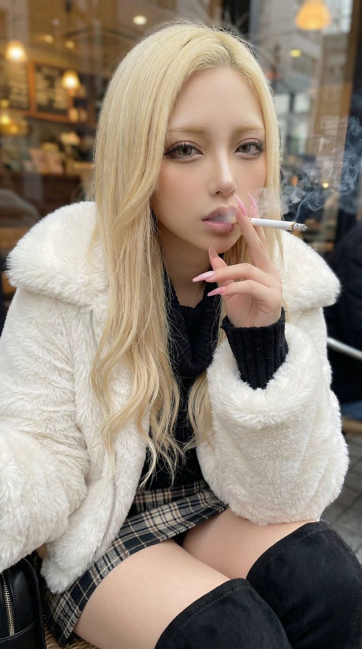 Blonde woman in a white fur coat and plaid skirt smoking outdoors