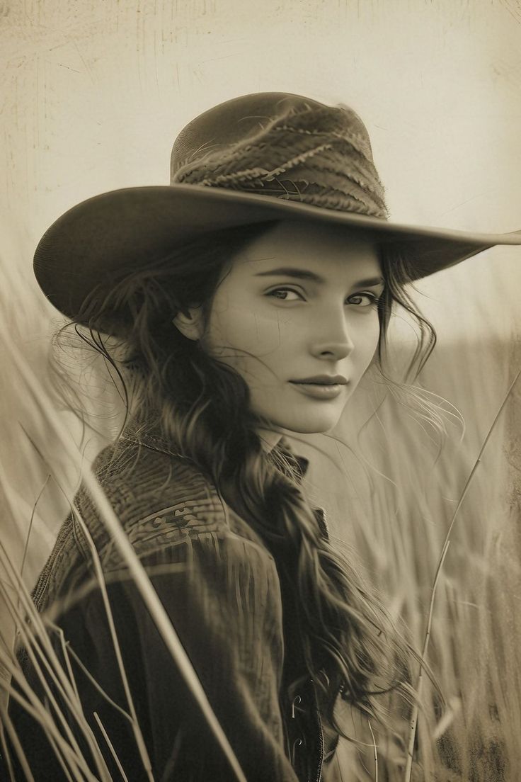 Woman in a cowboy hat in a field of tall grass, sepia tone