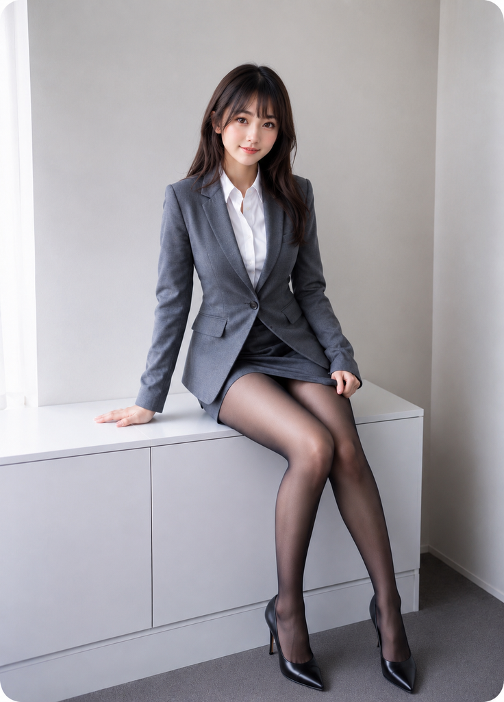 Woman in a gray suit and black pantyhose sitting indoors