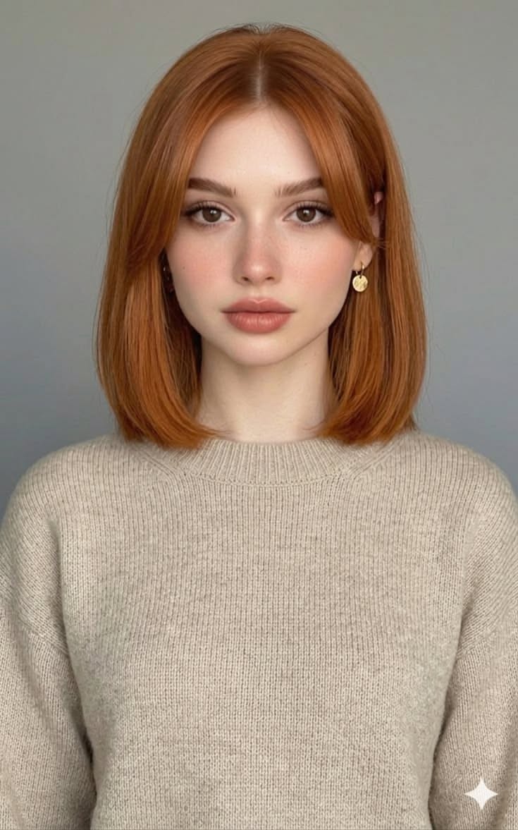 Woman with red hair and bangs wearing a beige sweater and gold earrings