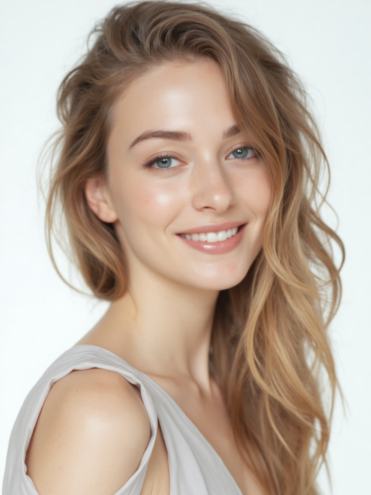Smiling woman with long blonde hair and blue eyes against a white background