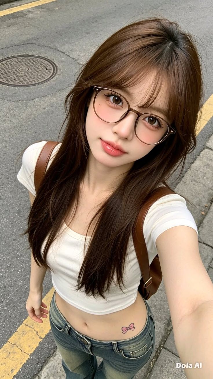 Woman with long hair and glasses wearing a crop top and jeans on a street