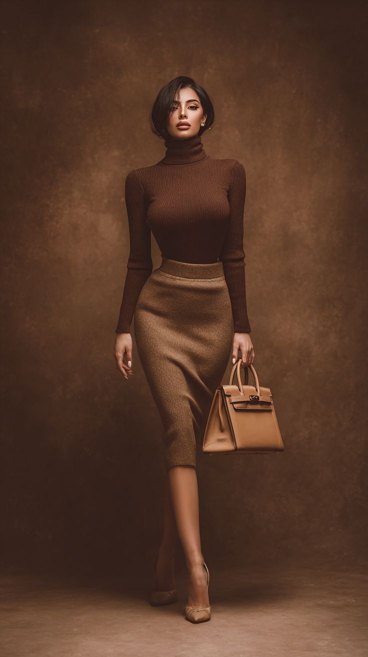 Woman in a brown turtleneck and pencil skirt holding a handbag