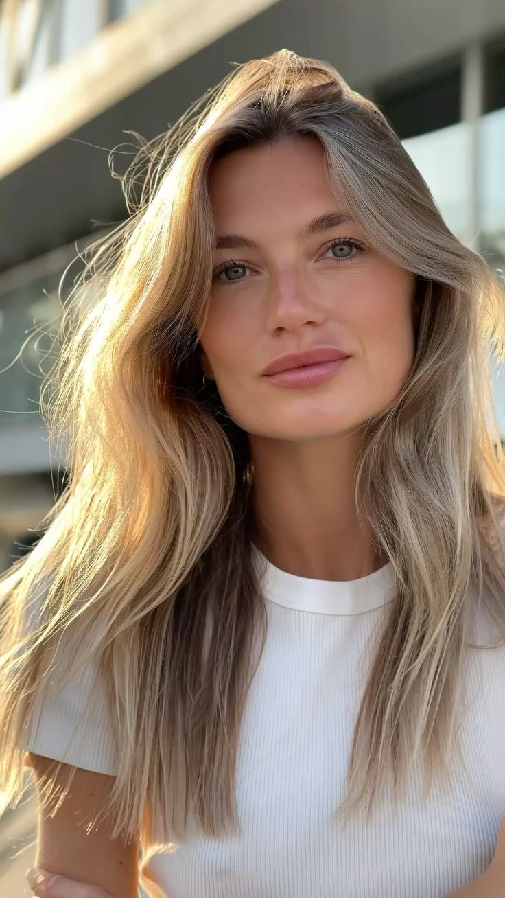 Woman with long blonde hair in a white shirt outdoors at golden hour