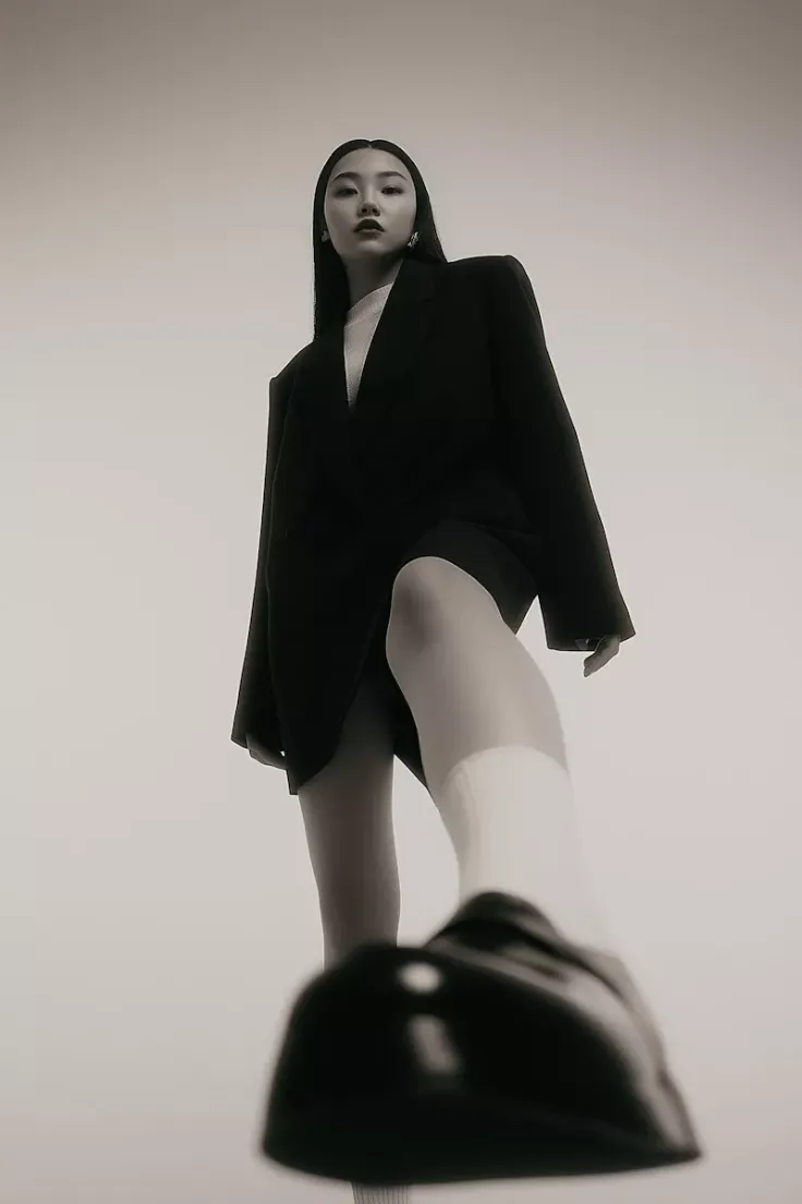 Woman in a black blazer and white socks with a low angle perspective