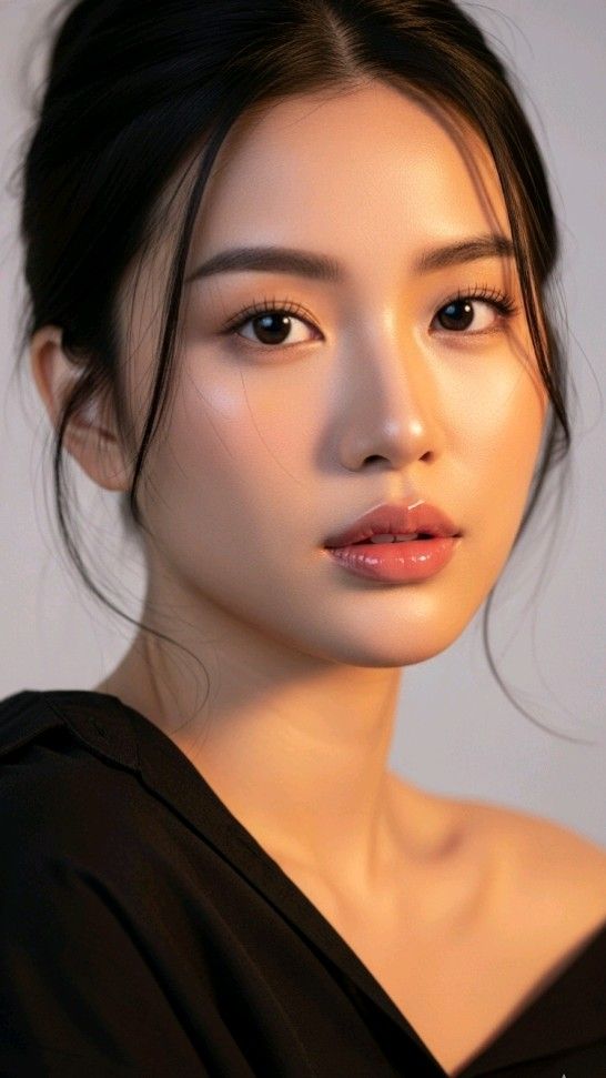 Woman with black hair and a black top in a warm-toned portrait