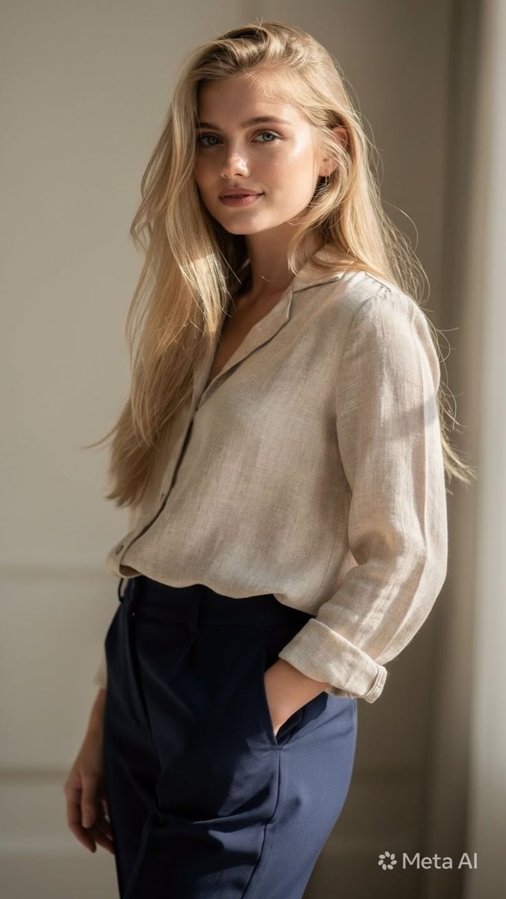 Blonde woman in a linen shirt and navy pants with soft indoor lighting
