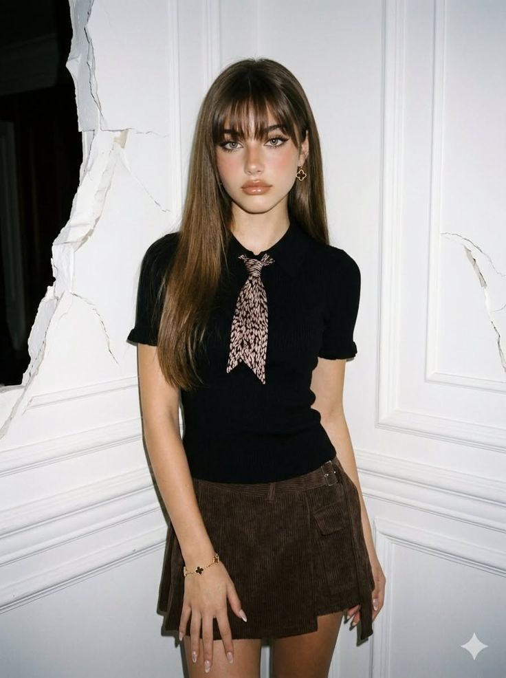 Woman with long hair and bangs wearing a black top and corduroy skirt indoors