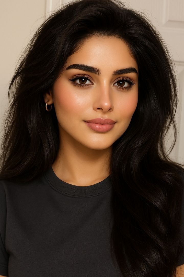 Woman with long dark hair and hoop earrings in a close-up portrait