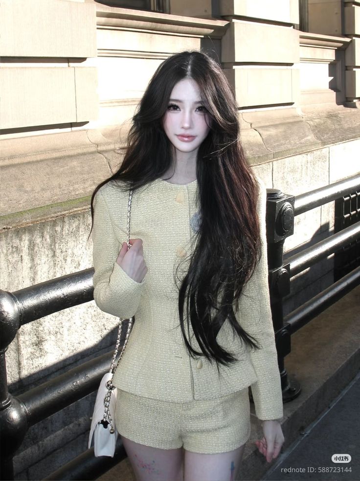 Woman with long dark hair wearing a light yellow tweed suit and shorts outdoors