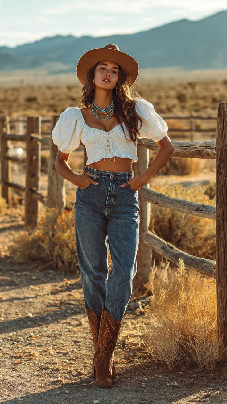 Woman in a cowboy hat, crop top, and jeans standing outdoors at golden hour